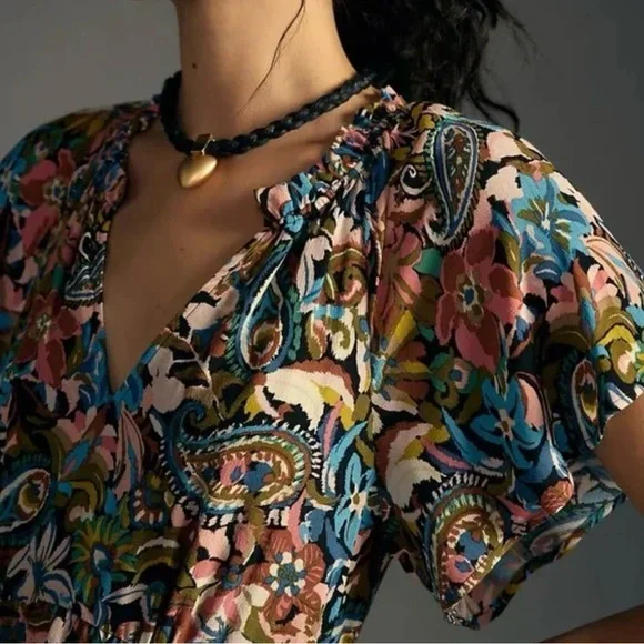 XL By Anthropologie-Robin green blue + pink Paisley tiered ruffle mini dress.XL - Picture 4 of 16